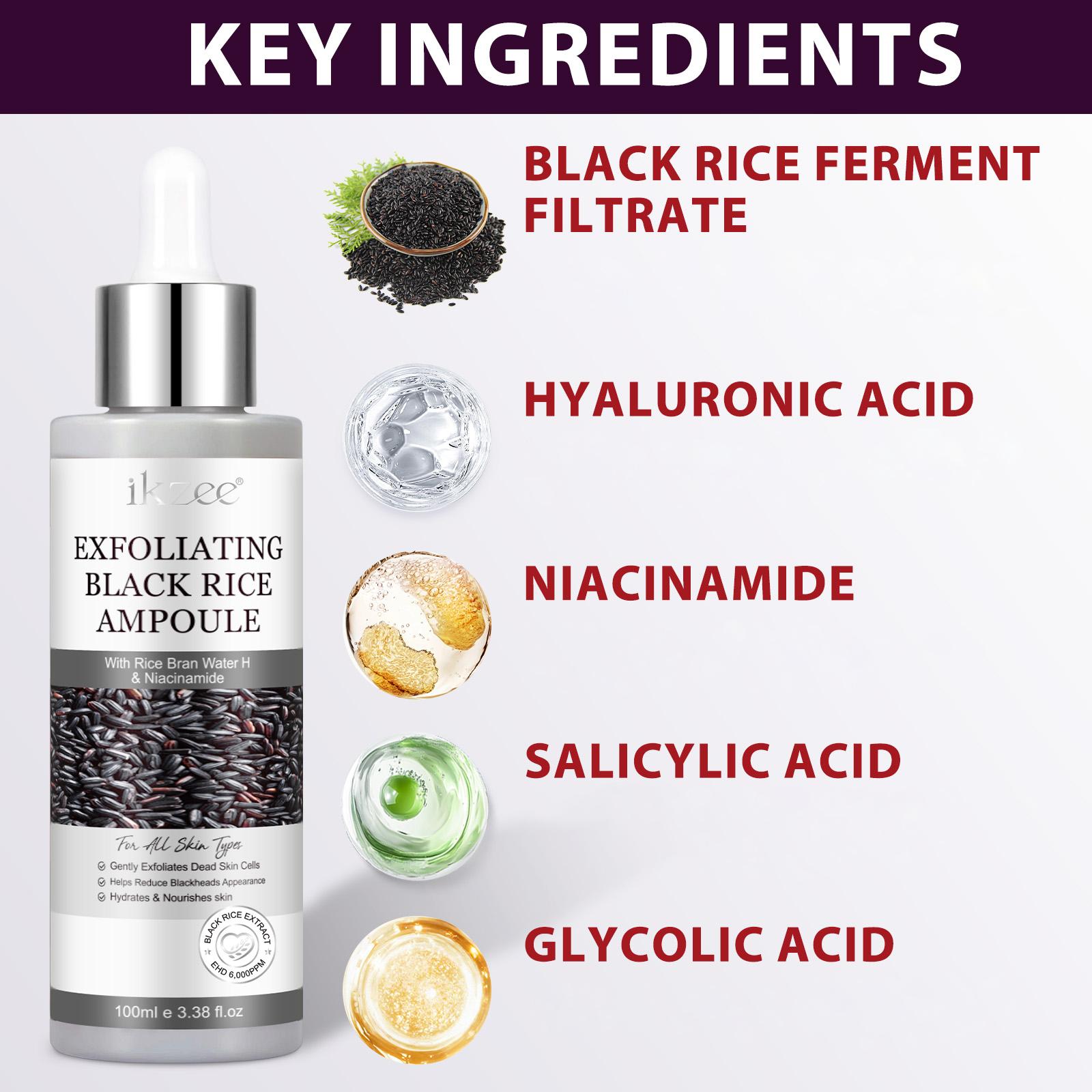 ikzee Black Rice Exfoliating Ampoules 100ml, Hydrating Exfoliant, a gentle mild daily exfoliating scrub for face and body, brightens and removes dead skin cells from all skin types, a daily skincare product.