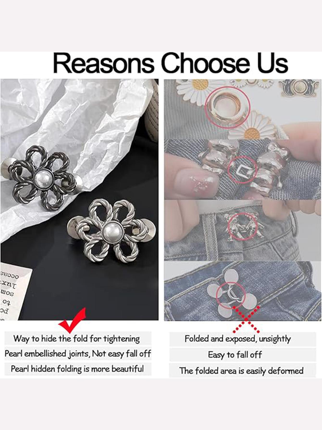 8 Pcs Floral Jeans Button Waist Tightener Set, Adjustable Buckle Kit, Seamless, No Tools, Detachable Decorative Buttons, Loose Fit