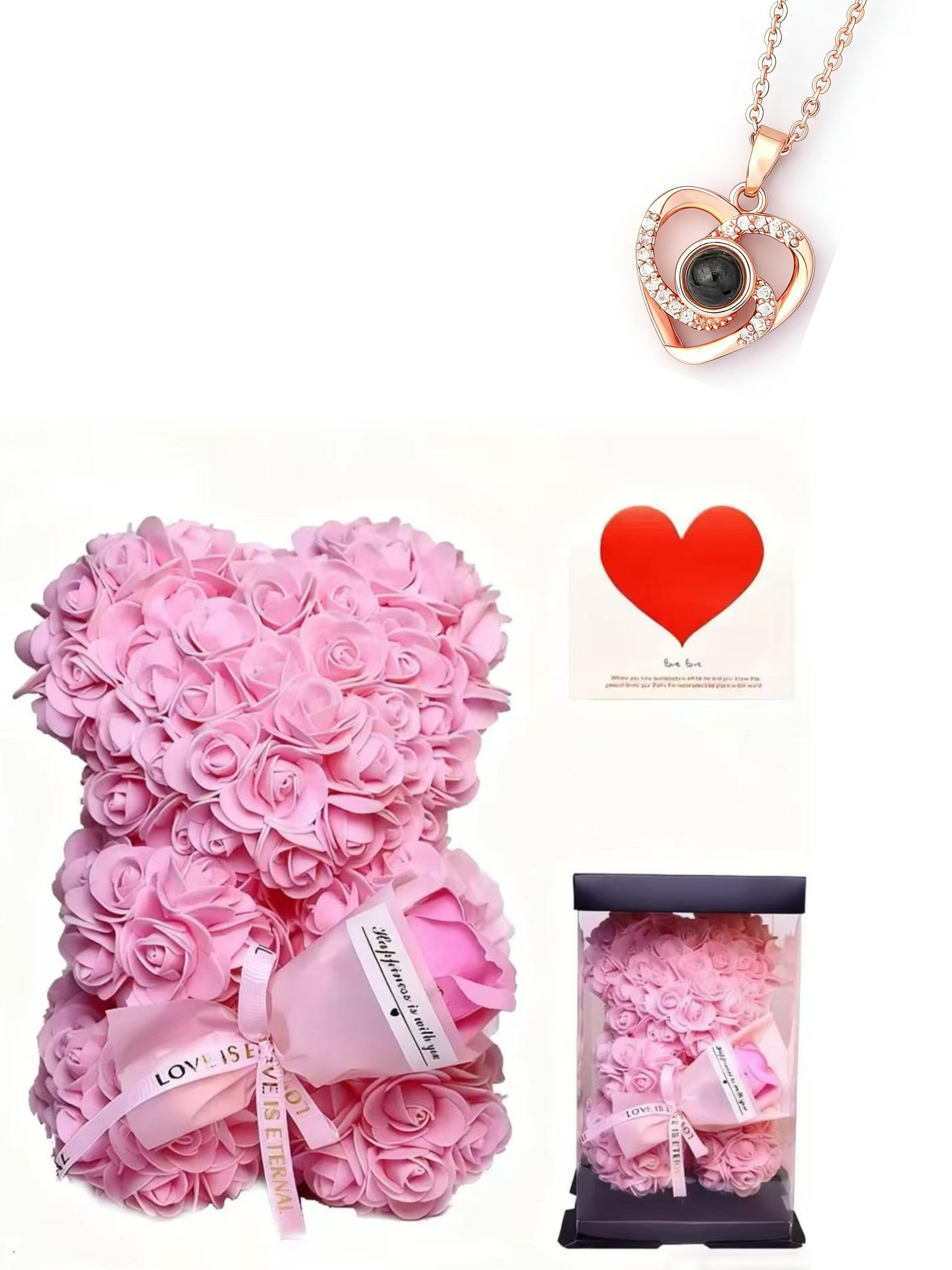 Heart Projection Necklace, 100 Languages, Mother's Day Gift, Eternal Rose Bouquet, Foam Flower Bear Box, Valentine's Day Present