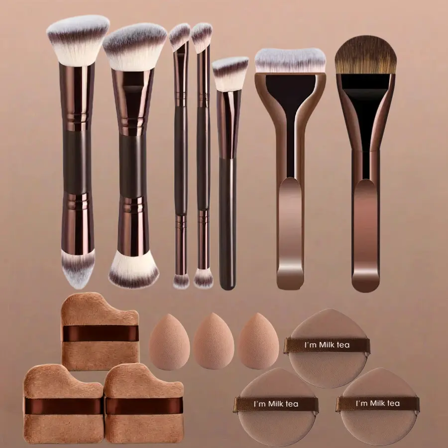 A versatile, double-ended makeup brush set in European and American style: foundation brush, blush brush, powder brush, and coffee-colored brush - a professional beauty tool.