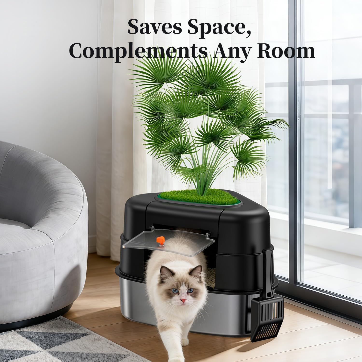 XXL Stainless Steel Corner Litter Box with Lid, Enclosed Litter Box with Artificial , Easy-Clean Covered Decorative Litter Box for Large Cats, Black XXL Stainless Steel Corner Litter Box with Lid, Enclosed Litter Box with Artificial , Easy-Clean Covered Decorative Litter Box for Large Cats, Black