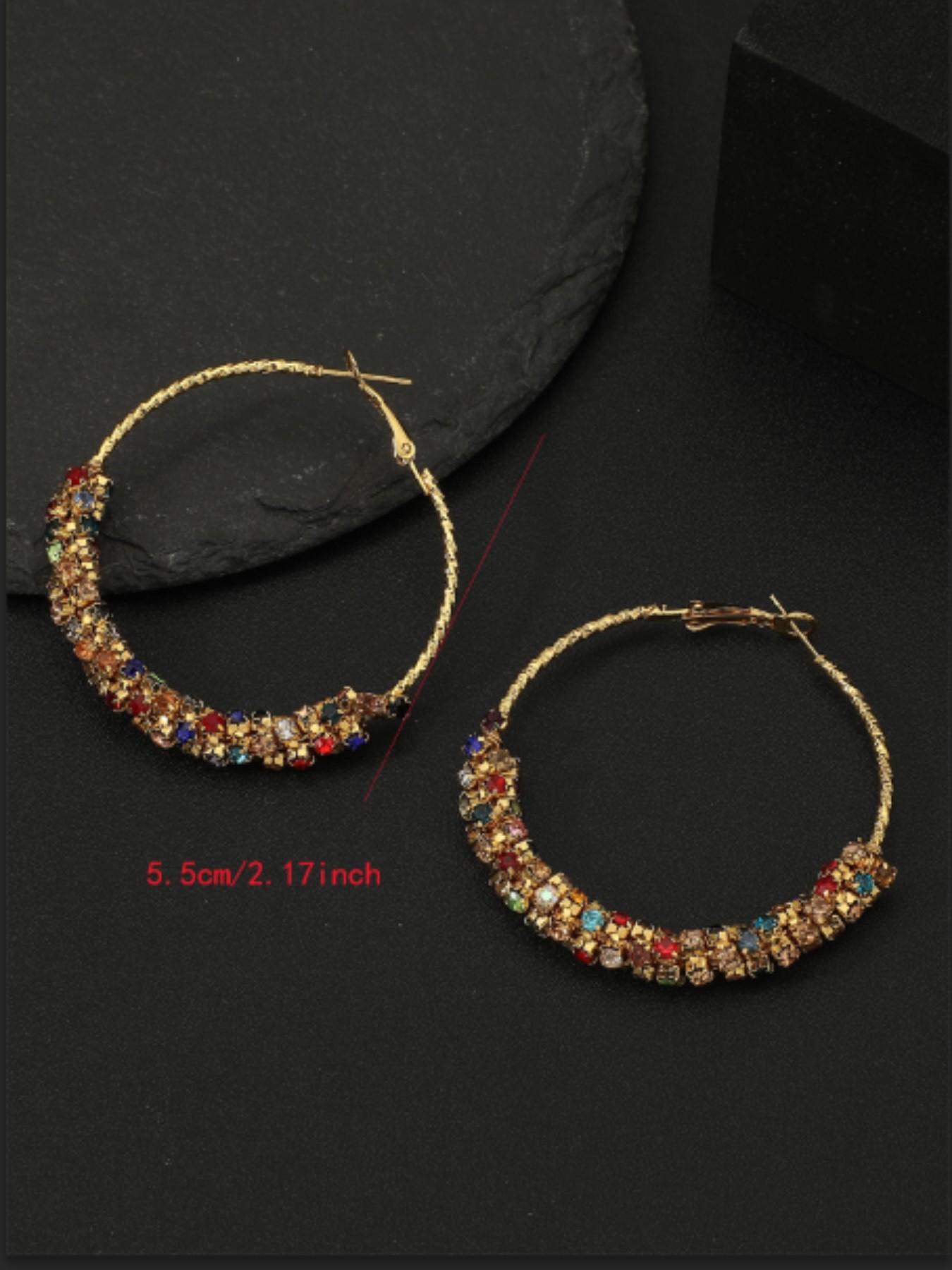 Handmade Colorful Rhinestone Hoop Earrings, Retro Unique Design, Striped Pattern, Titanium Alloy, All Seasons Accessories