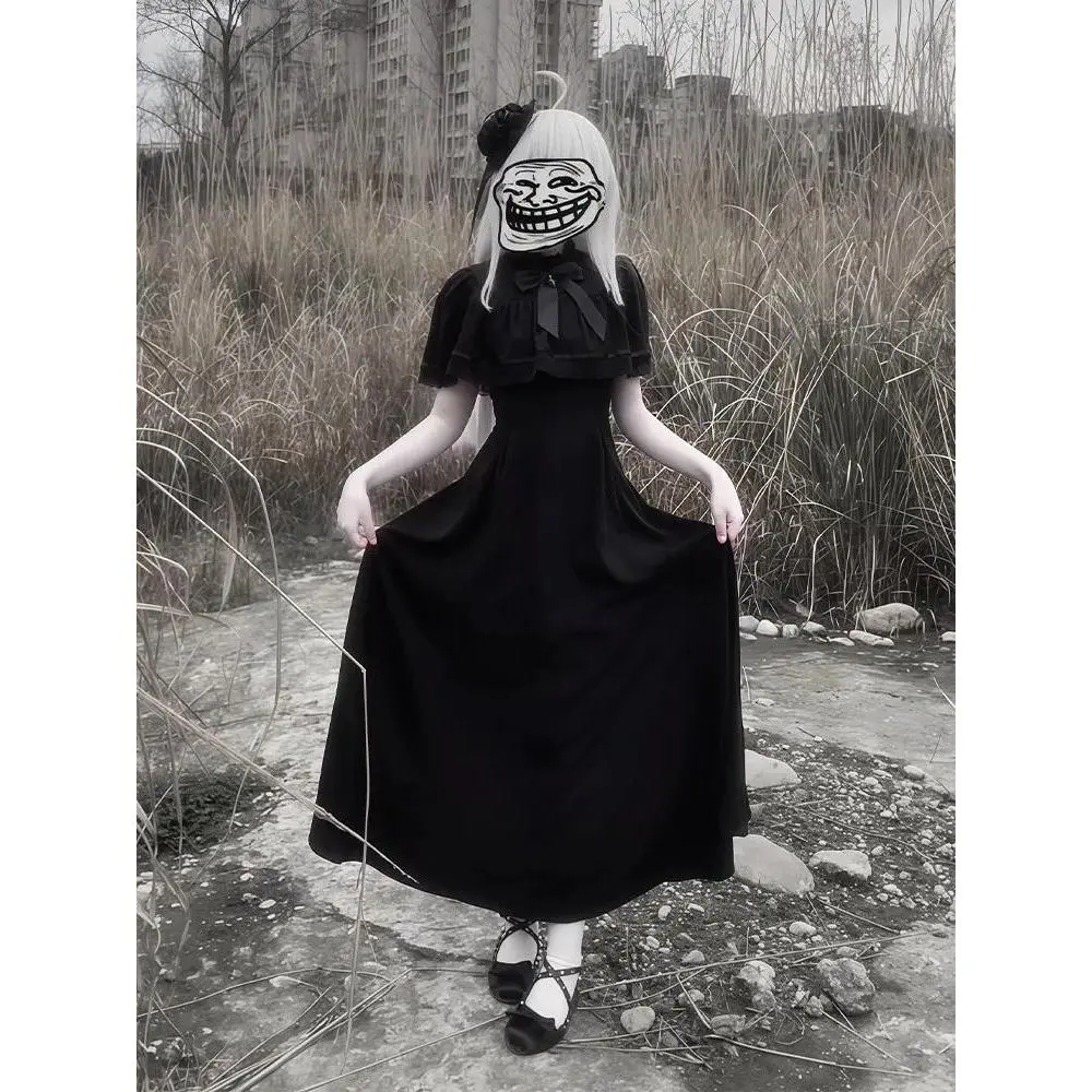 Gothic Lolita Japanese Subculture Vintage Dress Women Black Capelet Bow Cross Ruched Waist Long Dress Party Outfit 2026
