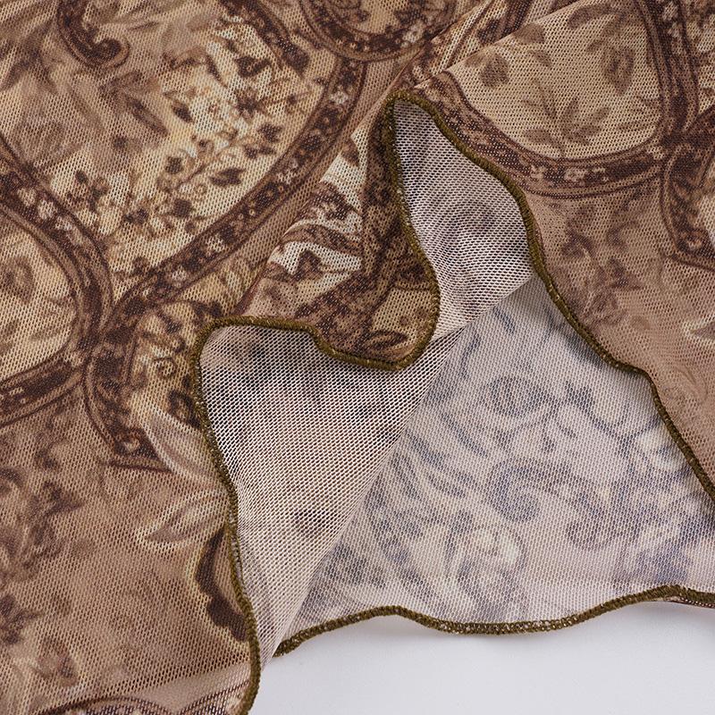 Vintage Walnut Flower Print Mesh Halter Top, Contrast Lace, Sleeveless, Irregular Hem, Y2K Aesthetic, Slim Fit, All Seasons, Cropped Cami Top