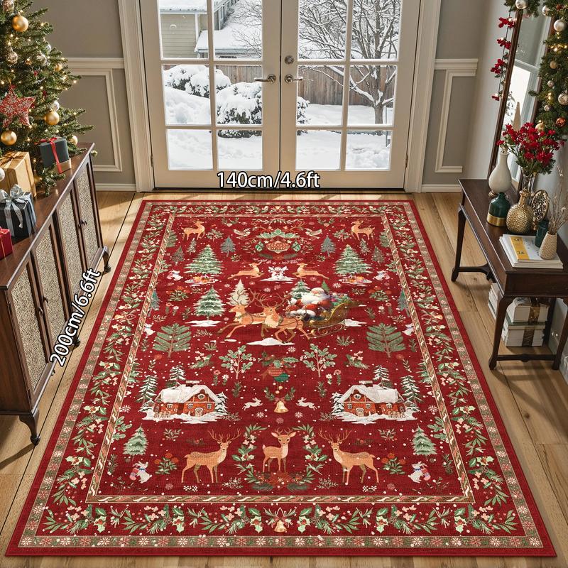 Christmas Theme Home Decor Carpet, Santa Claus & Christmas Tree Print Rug, Soft Non-Slip Washable Mat for Living Room Bedroom Sofa Dining Area, Home Decorative Rugs