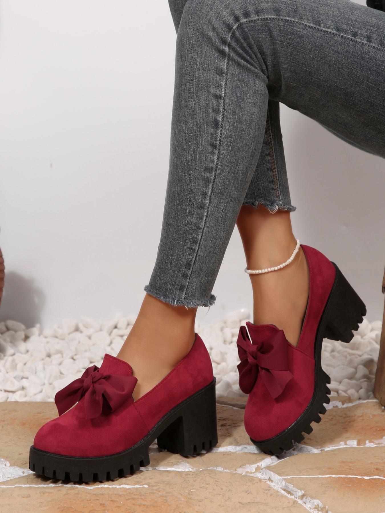Women's Fashion Bow Design Slip-On Platform Loafers, Casual Fall Winter Shoes, Comfortable Round Toe Daily Wear, Thick Sole Leather Boots
