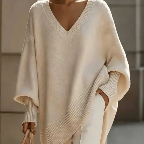 Plus Size Knit Sweater, Loose Fit V Neck Batwing Long Sleeve, Casual Winter Pullover Top, Comfortable and Stylish, Perfect for Daily Wear