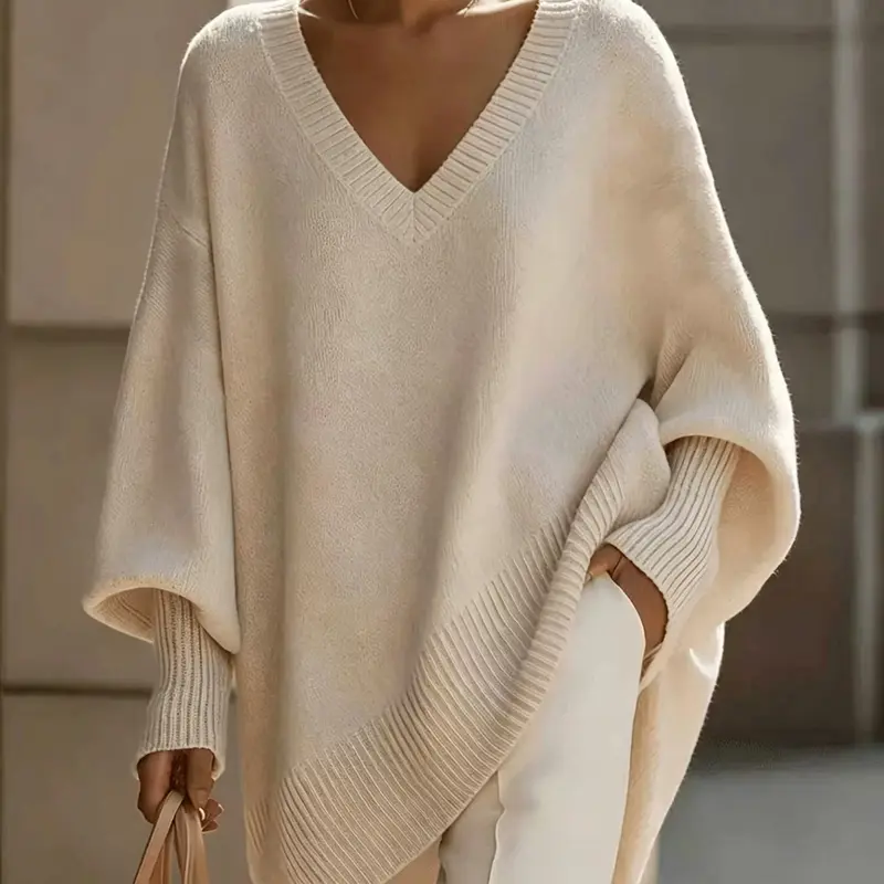 Plus Size Knit Sweater, Loose Fit V Neck Batwing Long Sleeve, Casual Winter Pullover Top, Comfortable and Stylish, Perfect for Daily Wear
