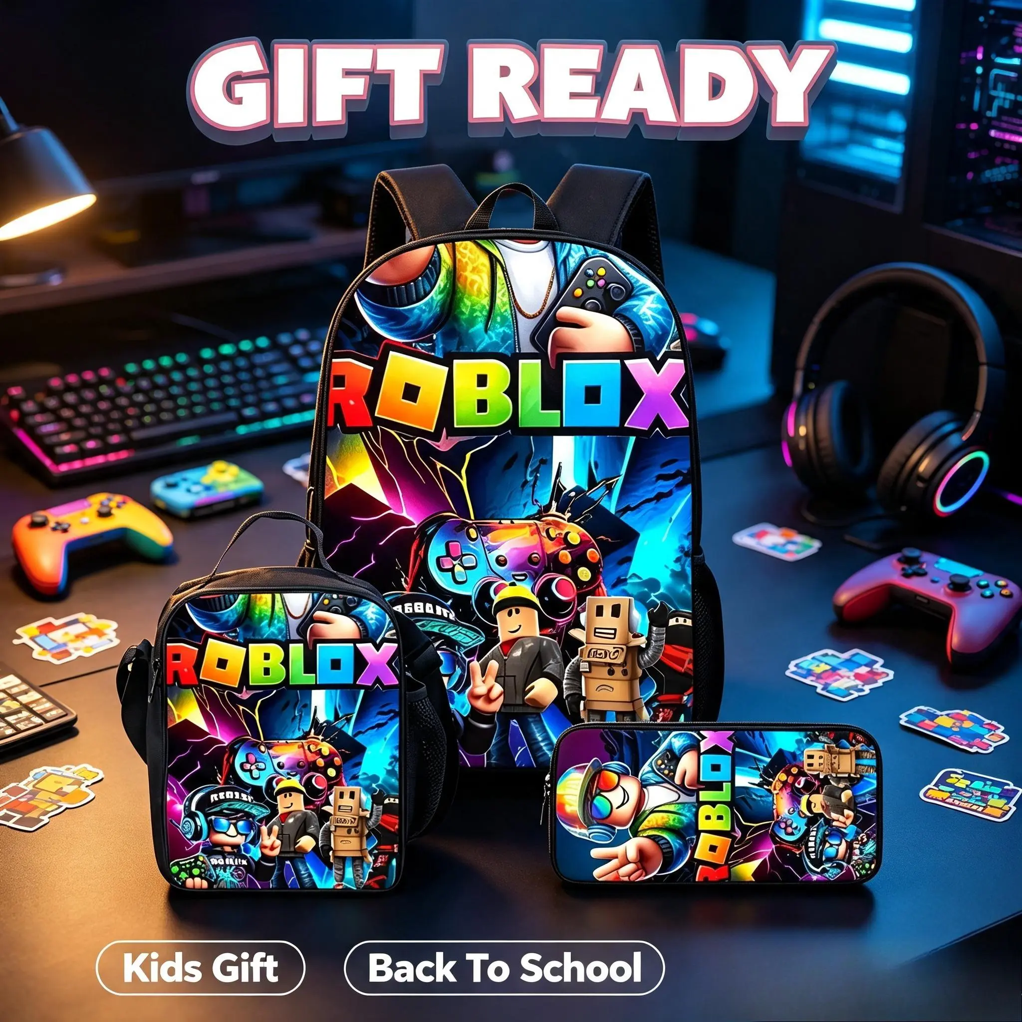 Gamers' Roblox-Themed 3-Piece School/Travel Set Pack - Oxford Fabric Backpack, Lunch Bag, Pencil Case with Colorful Character Art, Game Print, Adjustable Straps, Zipper
