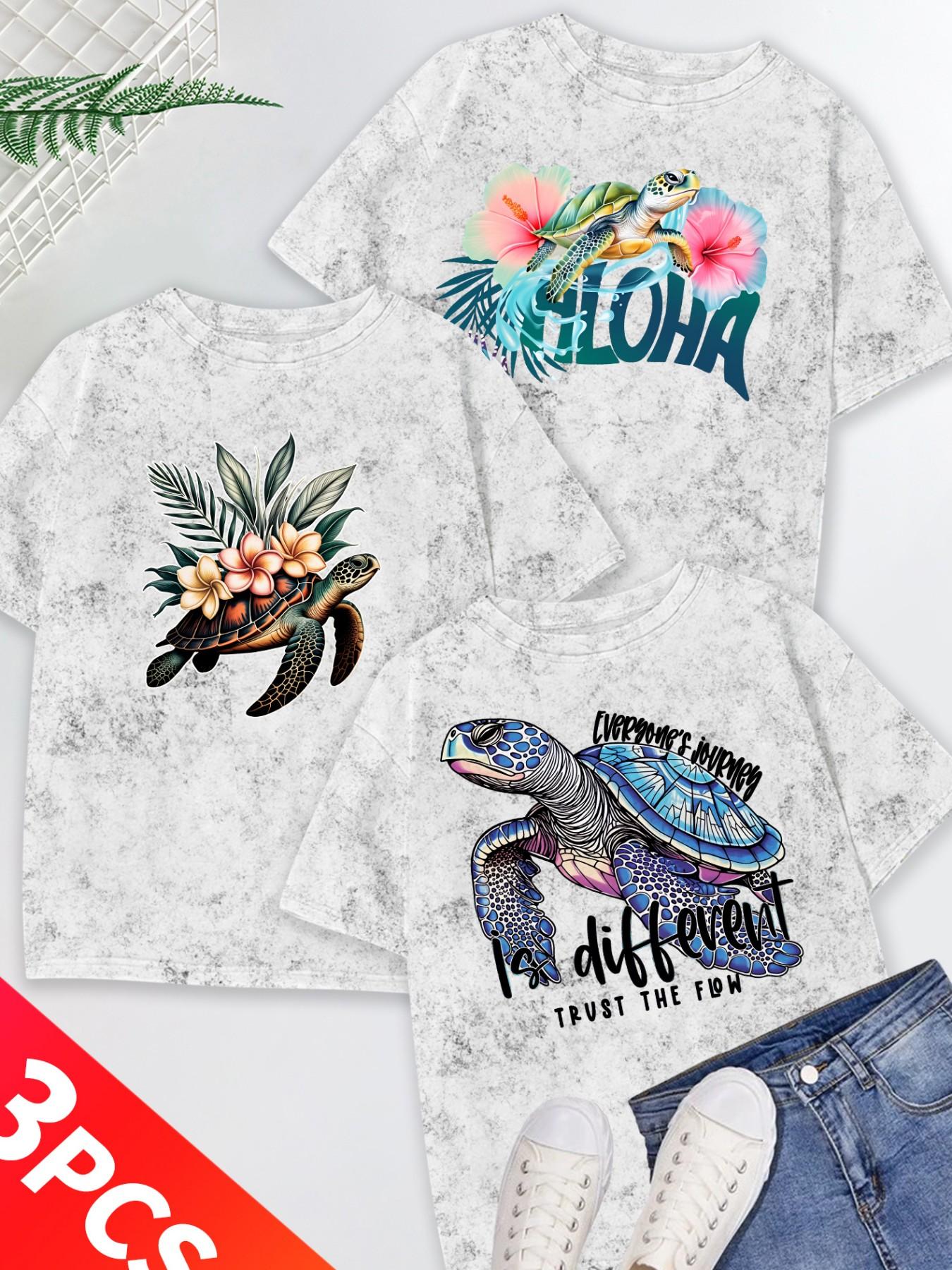 Women's 3-Pack Snow Wash Short Sleeve T-Shirt, Hawaiian Sea Turtle & Floral Print Set, Multiple Colors, Machine Washable, Spring & Summer Tops, Soft Skin-Friendly Fabric, Daily Wear, Fashion Design