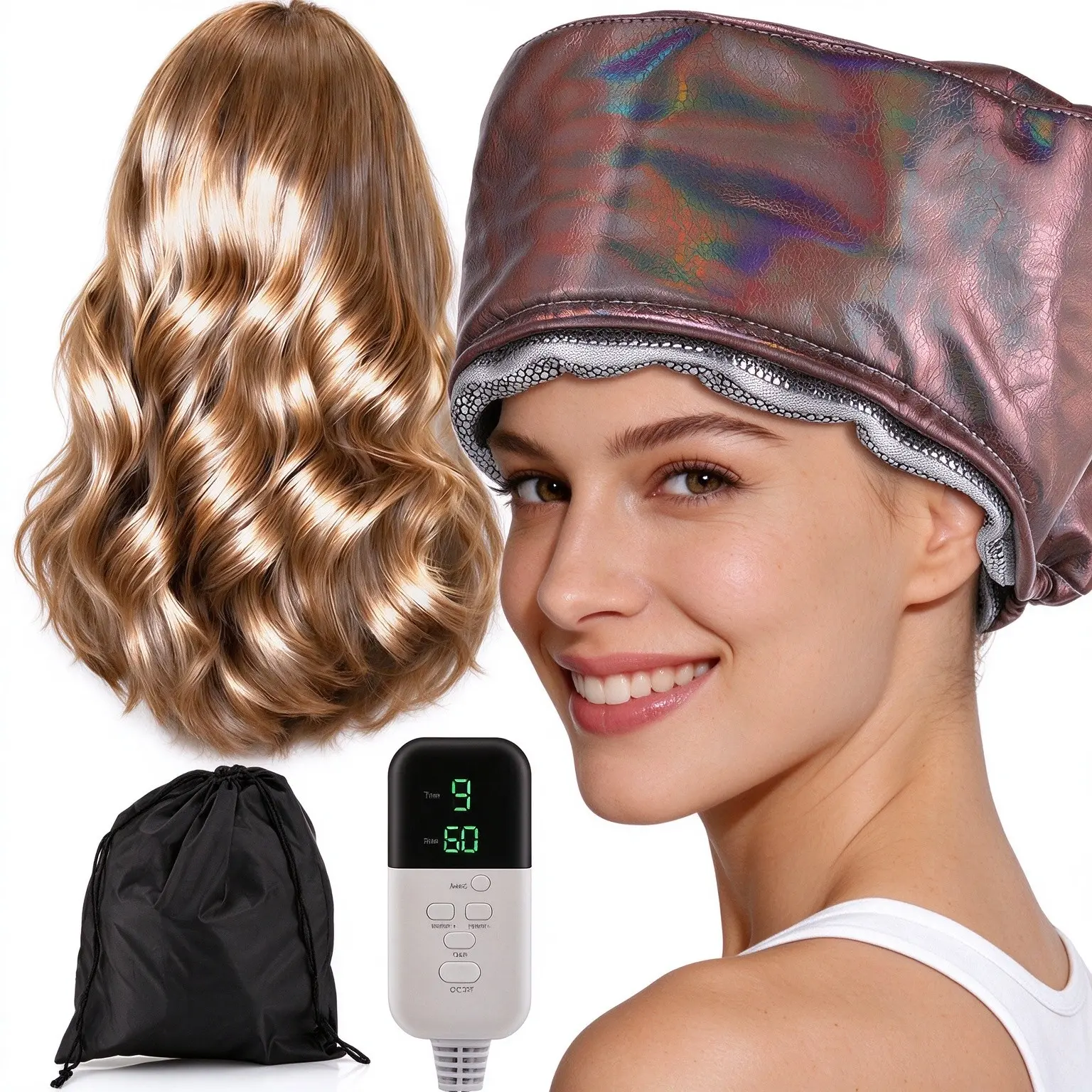 Hair Steamer for Deep Conditioning, 9-Level Heats Up Quickly 5 Time Settings Thermal Heat Cap, Washable Thermal Hair Care Hat for Natural Hair Home Use, Electric Portable Heating Hat, Gifts