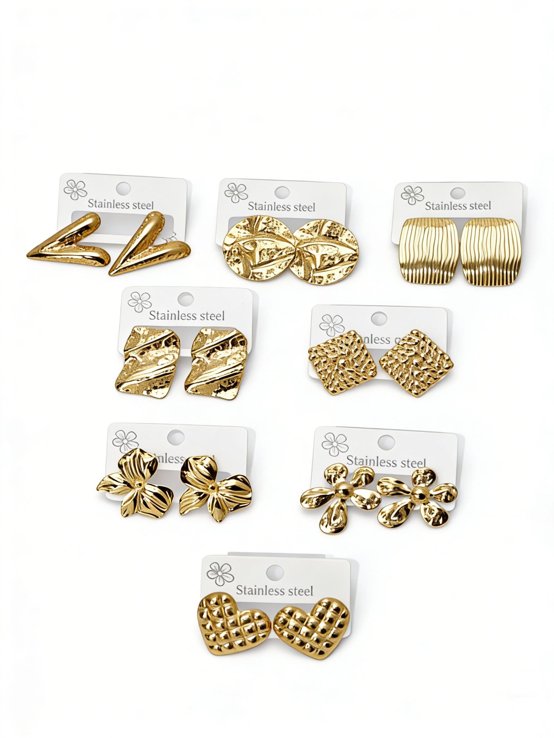 18K Gold Plated Stainless Steel Earrings for Women, Vintage Geometric Flower Heart Statement Studs, Hypoallergenic Non Tarnish Fashion Jewelry