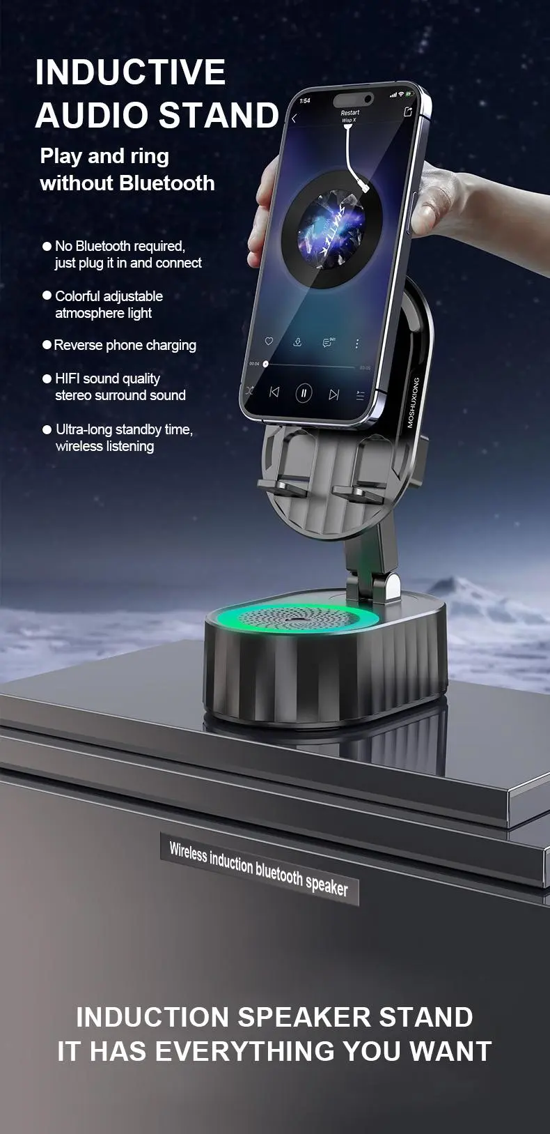 Induction speaker and Bluetooth phone stand features