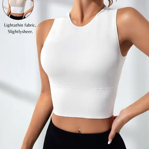 Women's Cut-Out Round Neck Crop Sports Vest, Sporty Plain Cropped Tank Top for Gym, Tennis and Pickleball, Women's Sport & Outdoor Clothing, Gym Yoga Tops, Sleeveless Sports Top, Fitness Sport Top, Activewear Vest, Fitness Apparel, Activewear Clothes