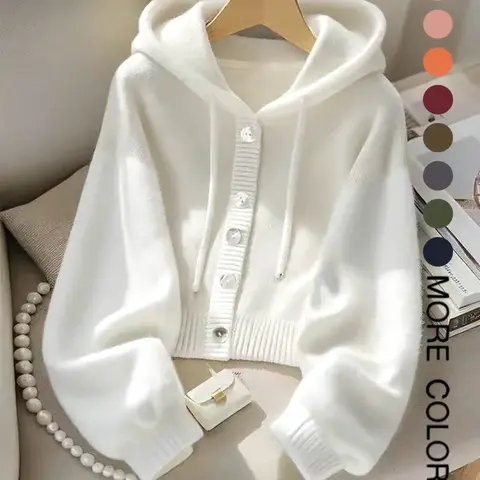 Autumn Winter New Soft Comfortable Hooded Sweatshirt Jacket, Lazy Style Unique Design Casual Fashion Knit Cardigan, Elegant Long Sleeve Top, Button, Casual Chic Knitwear