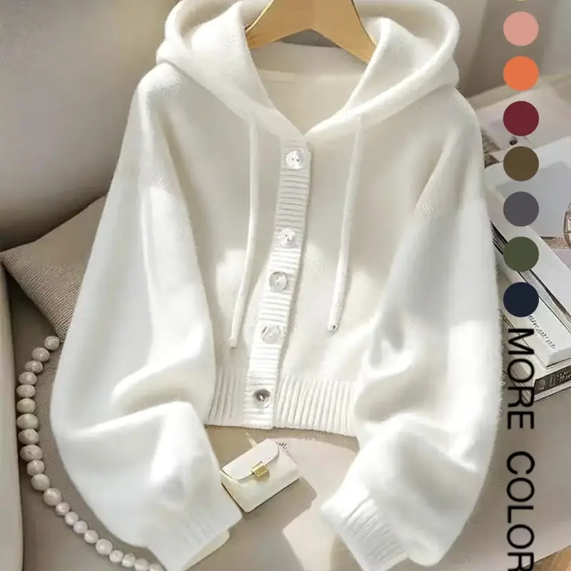 Autumn Winter New Soft Comfortable Hooded Sweatshirt Jacket, Lazy Style Unique Design Casual Fashion Knit Cardigan, Elegant Long Sleeve Top, Button, Casual Chic Knitwear