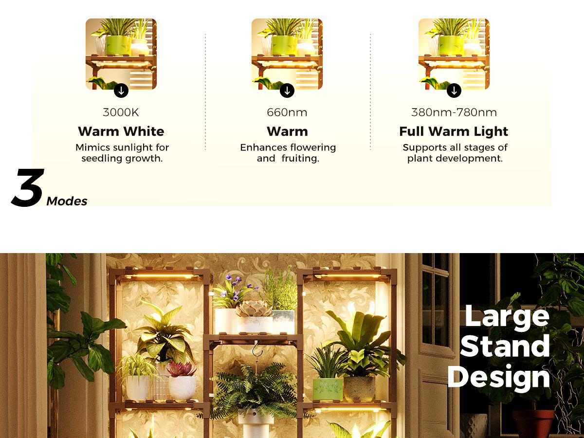 Bamworld Plant Shelf with Grow Light Plant Stand for Mutiple Pots Large Plant Holder for Living Room Patio Boho Home Decor for Gardening Warm Light