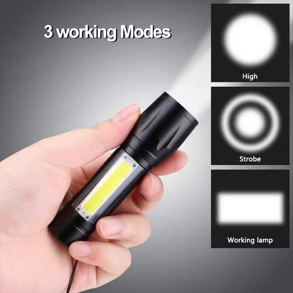 Mini LED Rechargeable Flashlight, COB+XPE Zoomable Torch, 3 Mode, Built in Battery Flashlight, Outdoor Camping Emergency Lantern