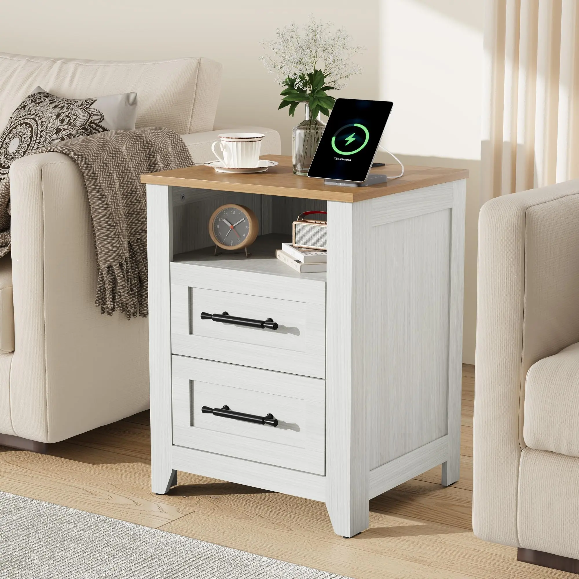 【IdealHouse】Farmhouse Nightstand with 2 Drawers and Open Compartment, Side Table Built with Charging Station and Storage Shelf, Brown Single Piece Furniture for Bedroom and Living Room