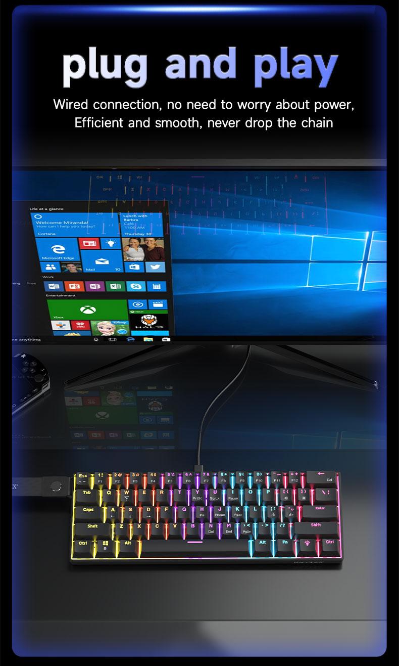 AJAZZ NK61 Mechanical Keyboard with Red Switches, ABS Black Keycaps, 60% Compact Layout, Wired Office Mechanical Keyboard, TKL Mixed Backlighting, Ribbon Included, Portable, Comfortable Typing Feel, Suitable for Gaming, Office, and More Scenarios