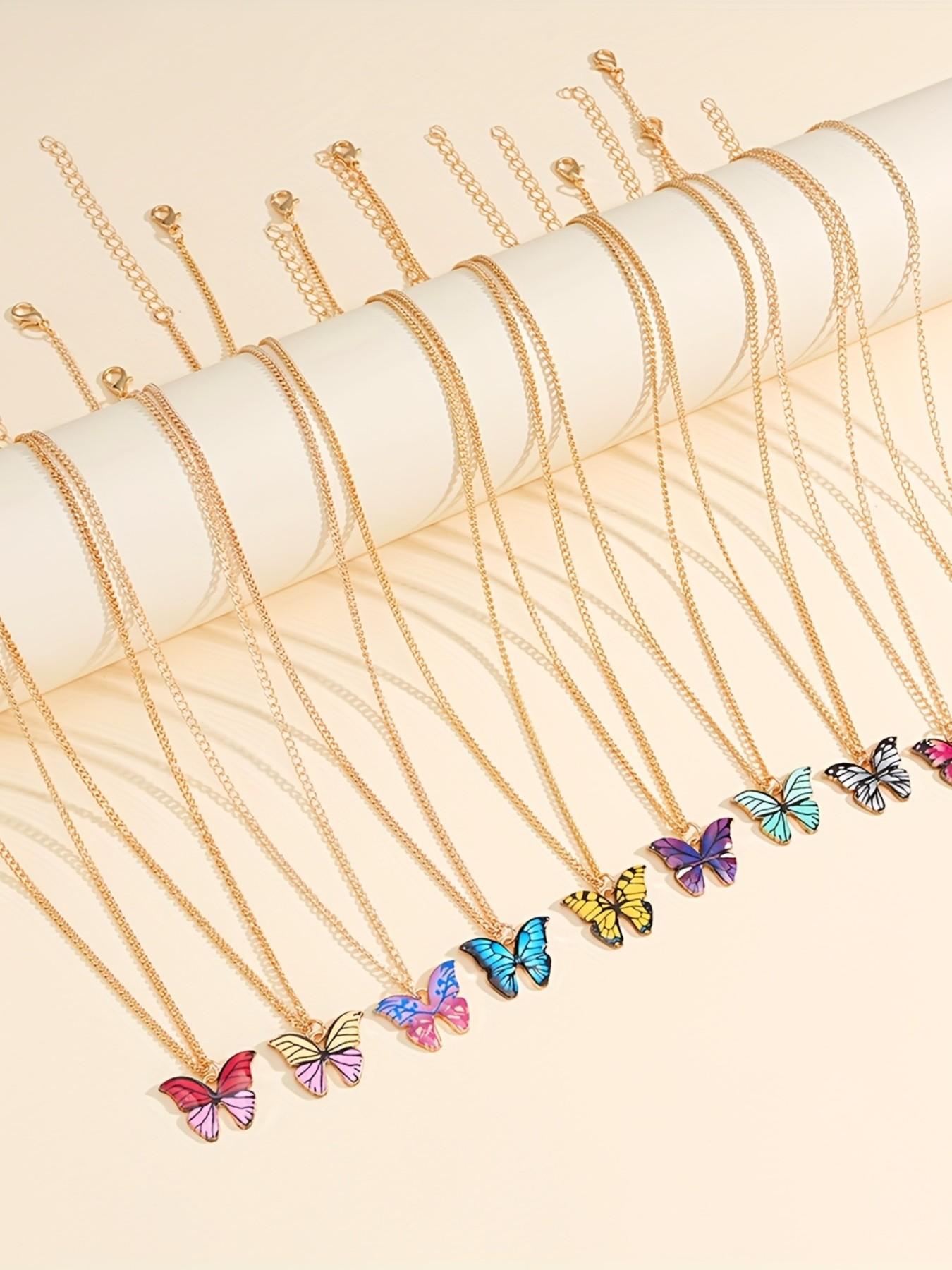 10-Piece Fashion Elegant Simple Colorful Butterfly Y2K Pendant Matching Necklaces Set, Unisex, Perfect for Vacation, Party, Date, Gift, Daily Wear