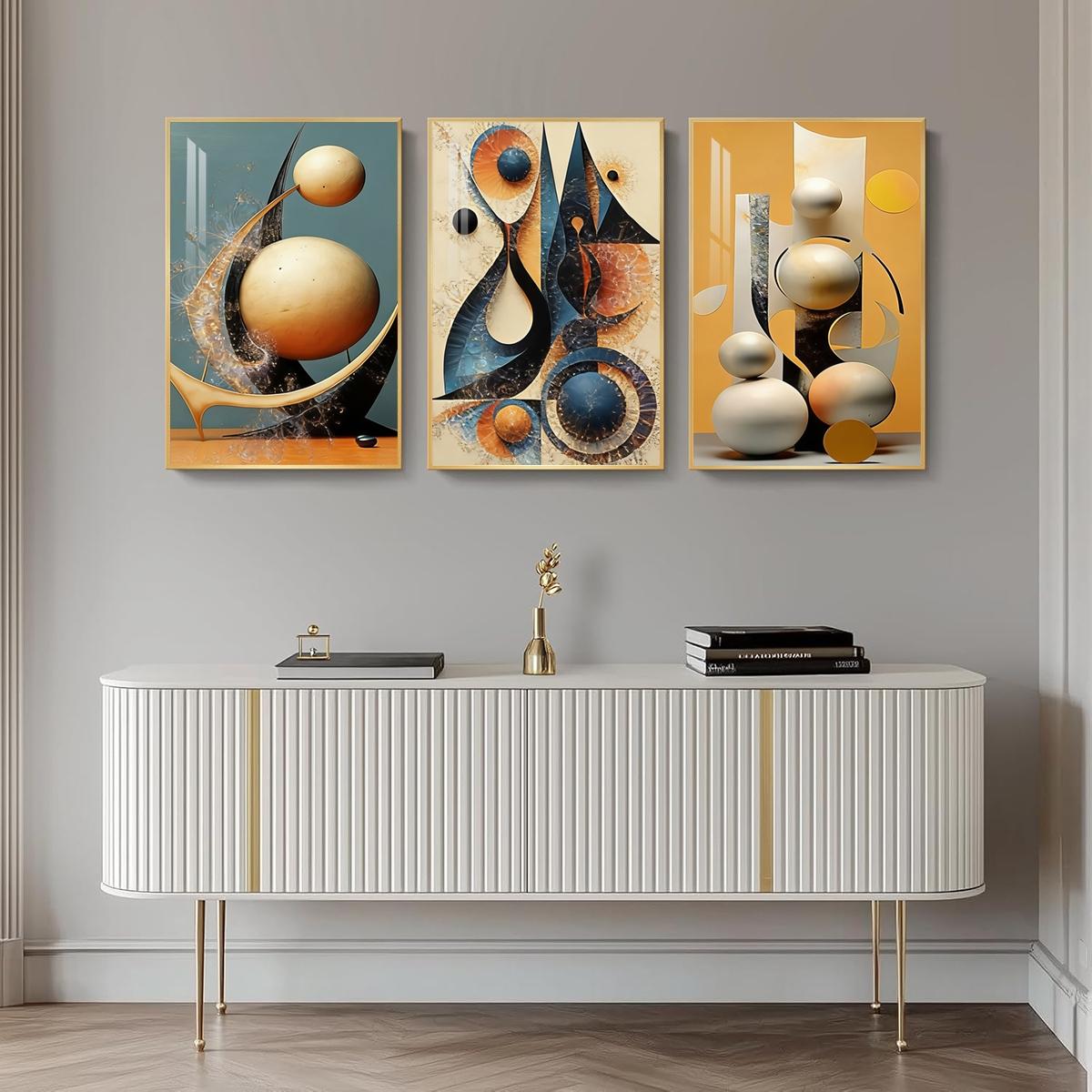 3 Counts Aluminum Alloy Framed Painting, Abstract Geometric Shapes And Spheres Art Pictures, Home Decoration For Living Room, Bedroom, Office, Restaurant, Hallway Wall Decor, Odorless Print Artwork, Luxury Perfect Gift For Friends And Family