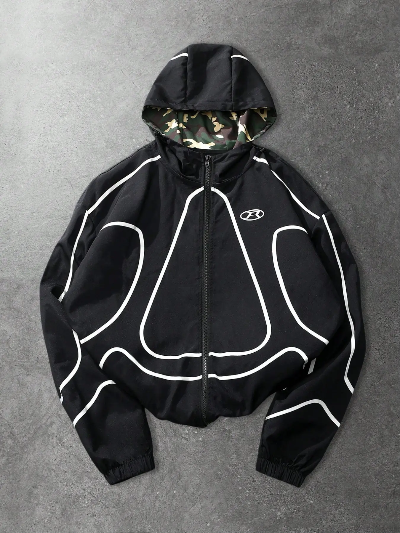 Men's Outline Pattern Reversible Hooded Windbreaker Jacket, Camo Lining Zipper Coat, Y2K Street Style, Fall Daily Wear