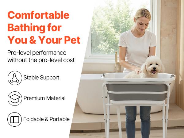 VEVOR Dog Bathtub, Elevated Dog Bath Tub, 2 in 1 Collapsible Pet Bathing Grooming Wash Station, Portable Foldable Space-saving, Built-in Drain Outlet with Drain Hose for Small Pet Cat, Gray White