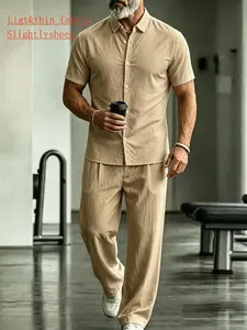 Men's Linen Solid Color Collared Short Sleeve Shirt and Long Pants Set, Classic Outfit, Menswear Fashion Casual Daily Commute, Comfortable and Stylish