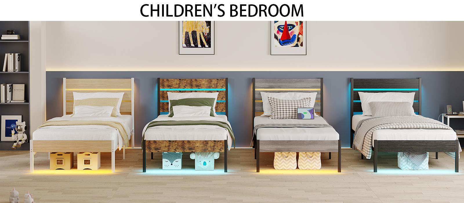 Double/King-Size Bed Frame with LED Lighting, Charging Station, and Wooden Headboard Available in Four Colors USB Ports Easy Assembly Create a Comfortable Sleeping Space Modern No Box Spring