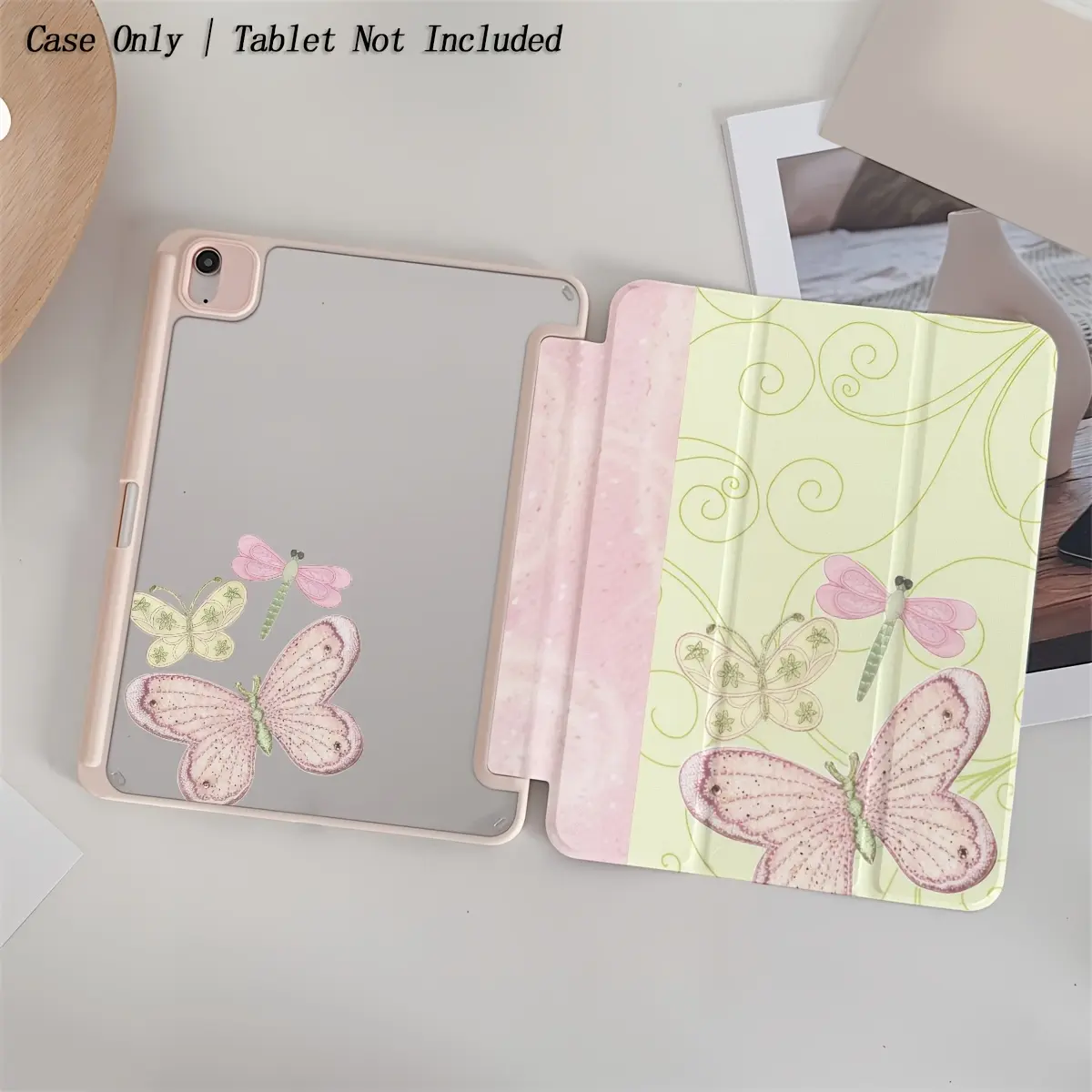Acrylic-PU Vintage Pastel Pink Butterfly & Music Note iPad Case, Lightweight Auto Wake Sleep Protective Cover for iPad Pro 11/12.9, Air 6/5/4, 10/9/8/7, Mini 7/6 Tablet Shell
