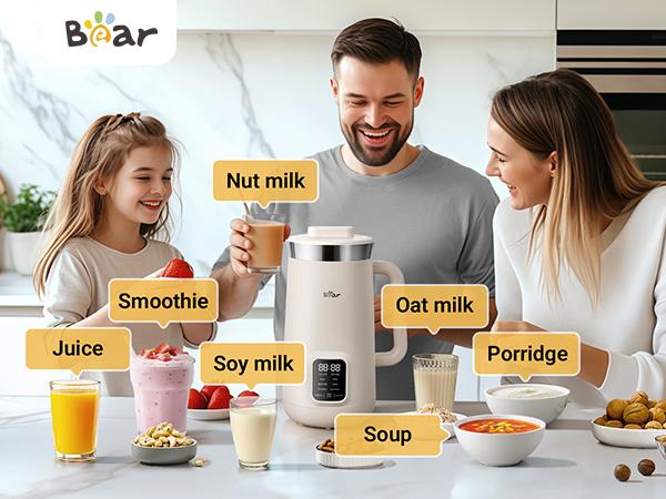 Bear 8 in 1 Nut Milk Maker Machine, 40oz/1.2L Soy Milk Maker with Self Clean/12H Delay/6H Keep Warm, One Touch Alomnd Milk Maker for Homemade Oat, Soup, Juice, Plant Based and Non Dairy Beverages