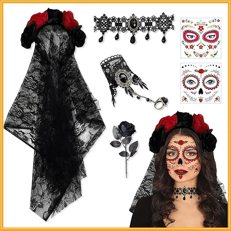 1 Set Halloween Day of the Dead Accessory Set, Black Lace Veil Flower Headband, Gothic Choker, Gloves, Black Artificial Rose, Face Tattoo Stickers, Carnival Party Costume Decorations