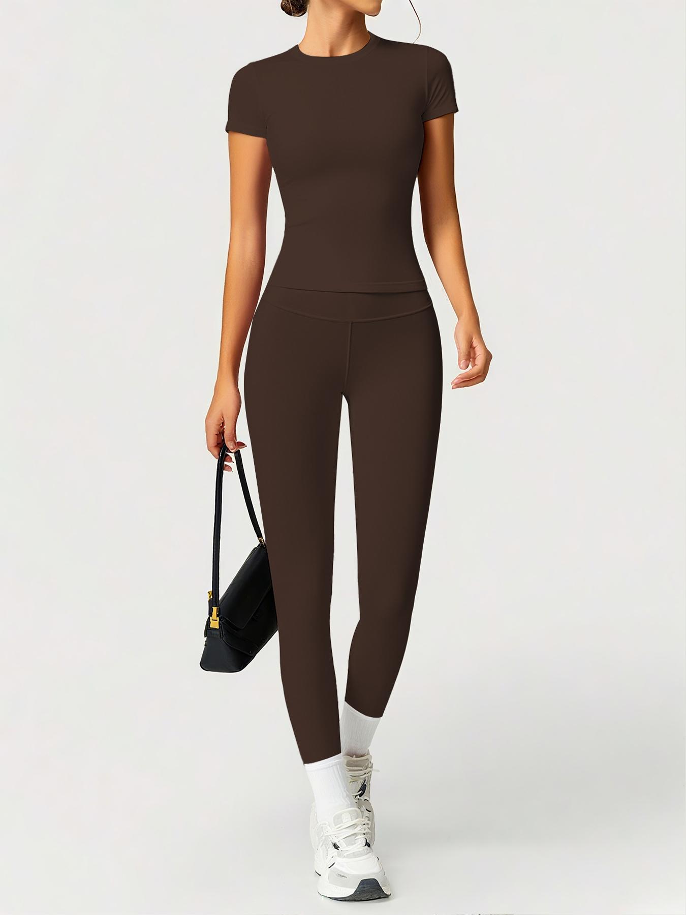 Women's Sporty Fitted Yoga Tracksuit Set, Soft Breathable Stretch Fabric Activewear Short Sleeve Top & Elastic Pants, Ideal for Fitness Running Outdoor Activities