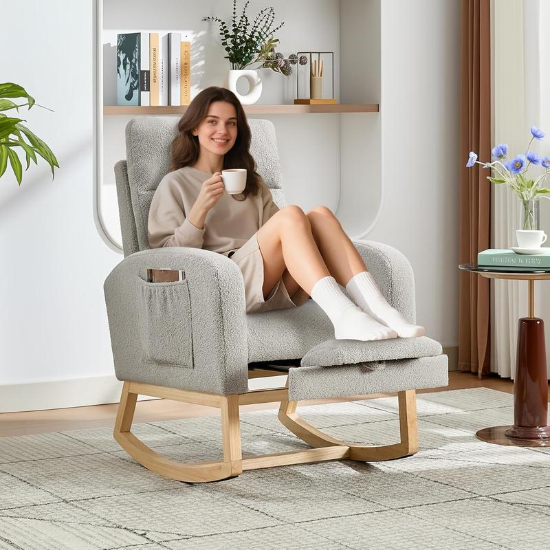 Rocking Chair Nursery with Foot Rest, Modern PU Upholstered Reading Glider Rocker Accent Armchair with High Backrest, Padded Seat, Side Pocket, for LivingRoom, Bedroom, Baby Room