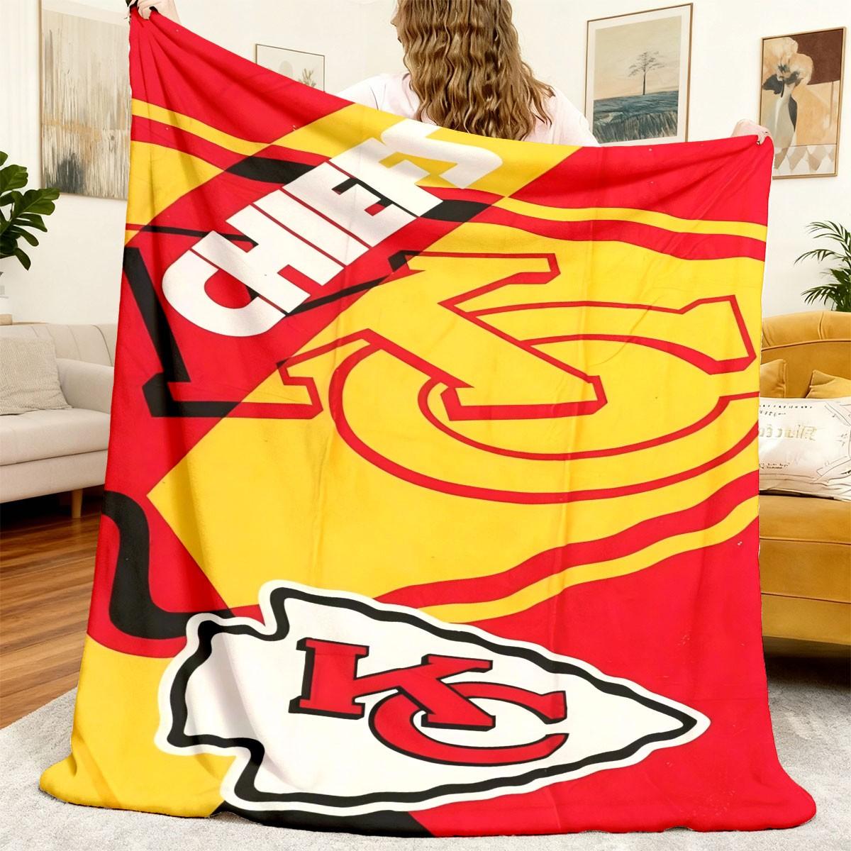 Kansas City Chiefs Flame Logo Flannel Blanket, Soft Lightweight Warm, Bedroom Holiday Decor, All Seasons, Bed Sofa Office Camping Travel Gift
