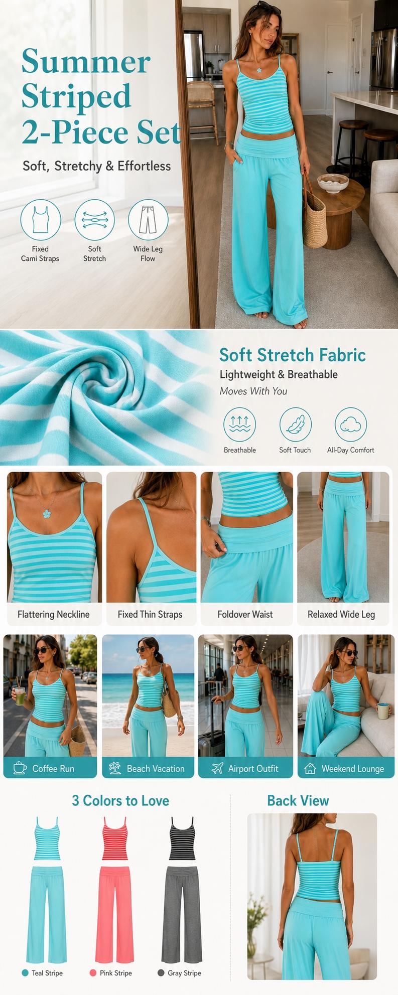 Women's Striped Sleeveless Cami Top and Wide Leg Pants Set, Summer Casual Loose Two-Piece, Comfortable and Stylish
