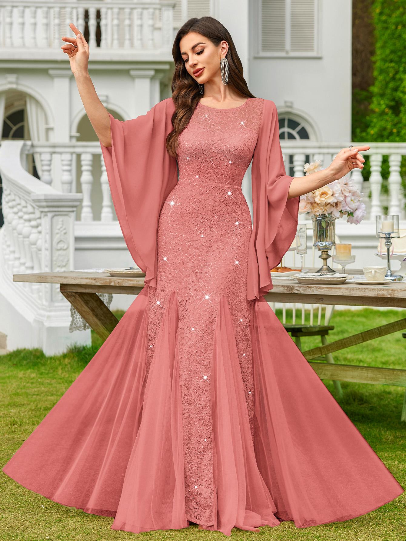 MIUSOL 24438A Women's Sequin Lace Tulle Hem Formal Evening Mermaid Hem Maxi Dress