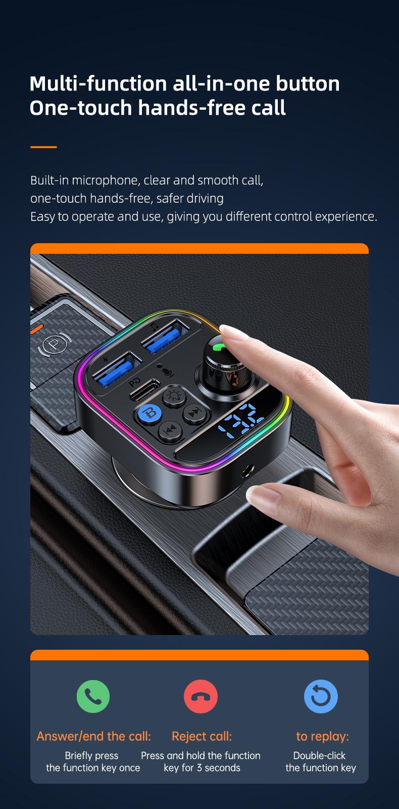 Fast Wireless 5.0FM Transmitter MP3 Player - Hands-Free Call, Adjustable High & Low Pitch, U Disk, PD30W Fast Charger, C USB Car Fast Charging Adapter - Compact Design for Easy Use Mini Audio