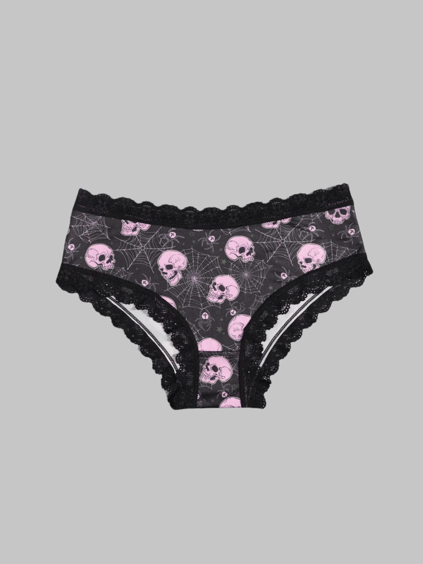 Morvia 6Pcs Gothic Alt Girl Panties Underwear, Dark Lace Lingerie, Soft Cotton Crotch, Emo Punk Vampire Style Knickers, Assorted Spooky Prints, Comfort Daily Wear
