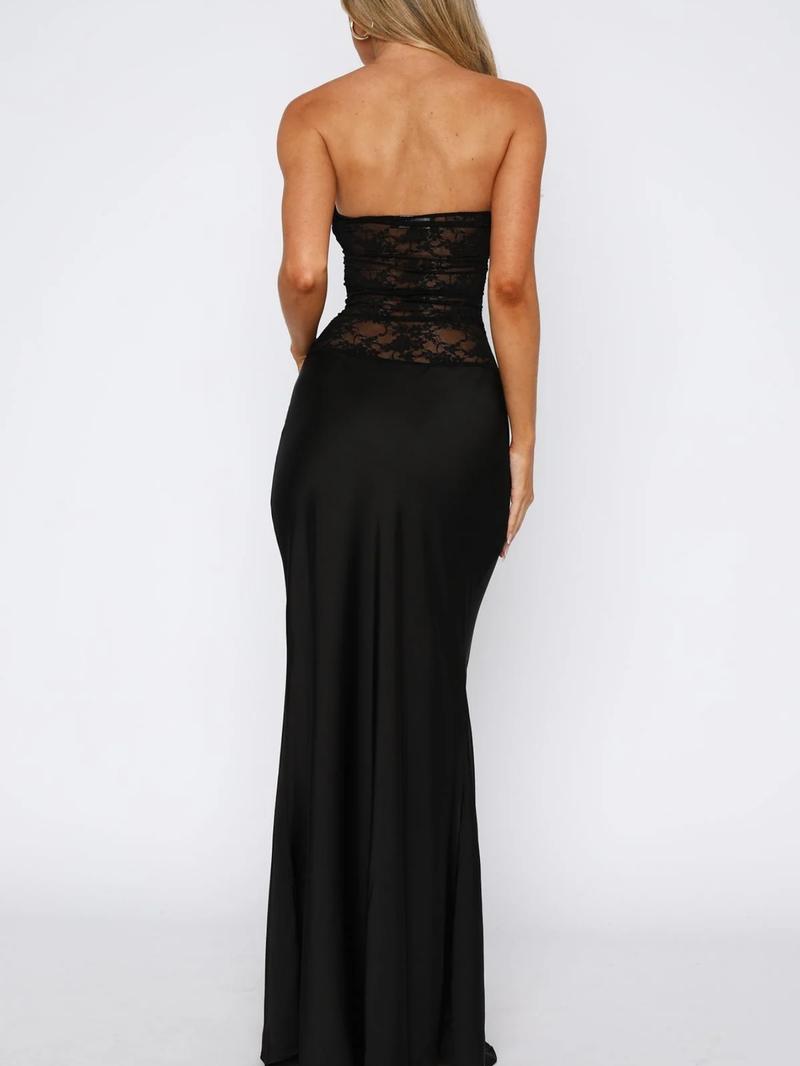 Women's Plain Contrast Lace  Tube Dress, Elegant Strapless Evening Party Gown, Ladies Summer Clothes