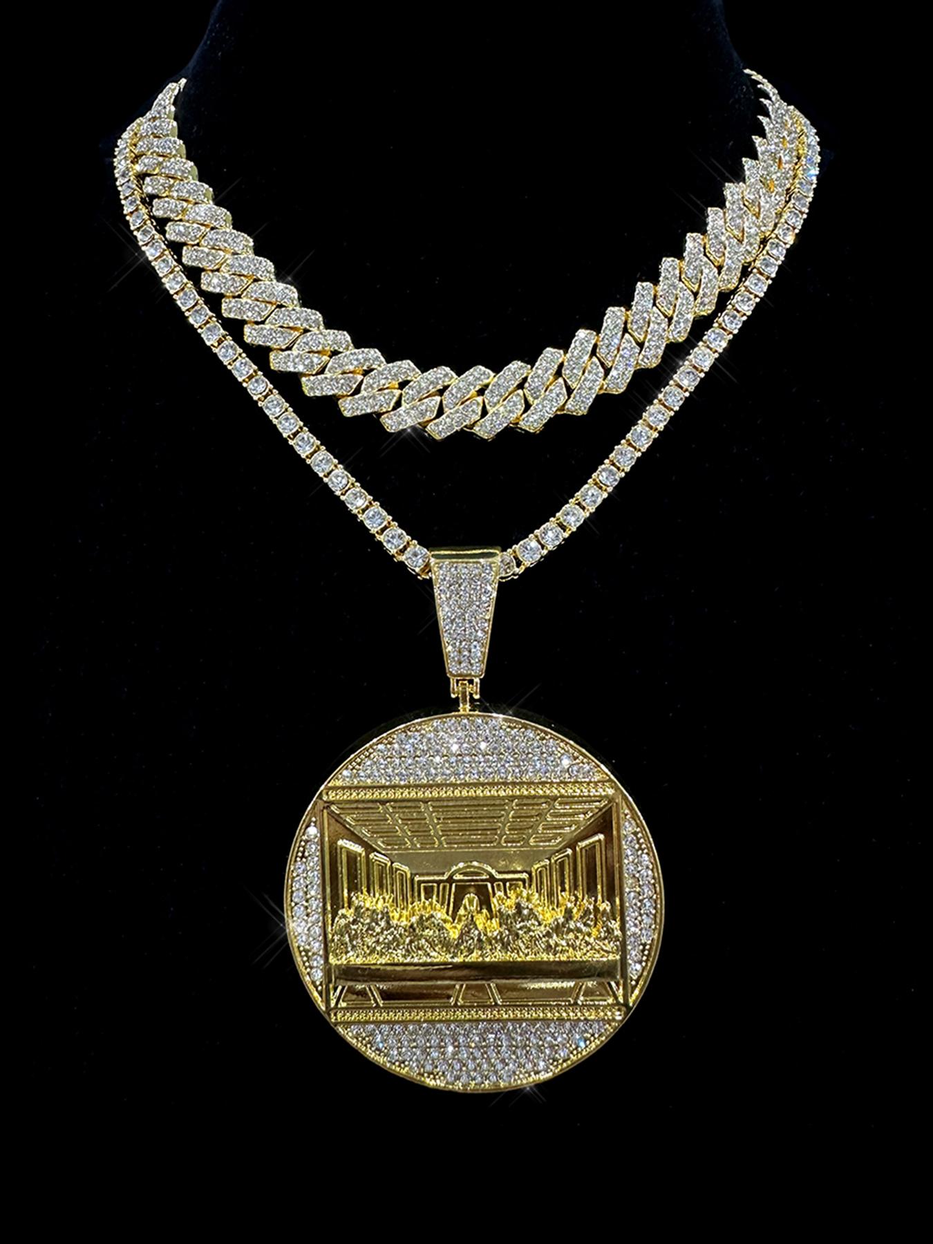 2Pcs/3Pcs Hip Hop Last Supper Pendant Big Jesus Iced Out Golden Cuban Link Design Charm Necklace Fashion for Men Gift for My Men Hip Hop Accessory
