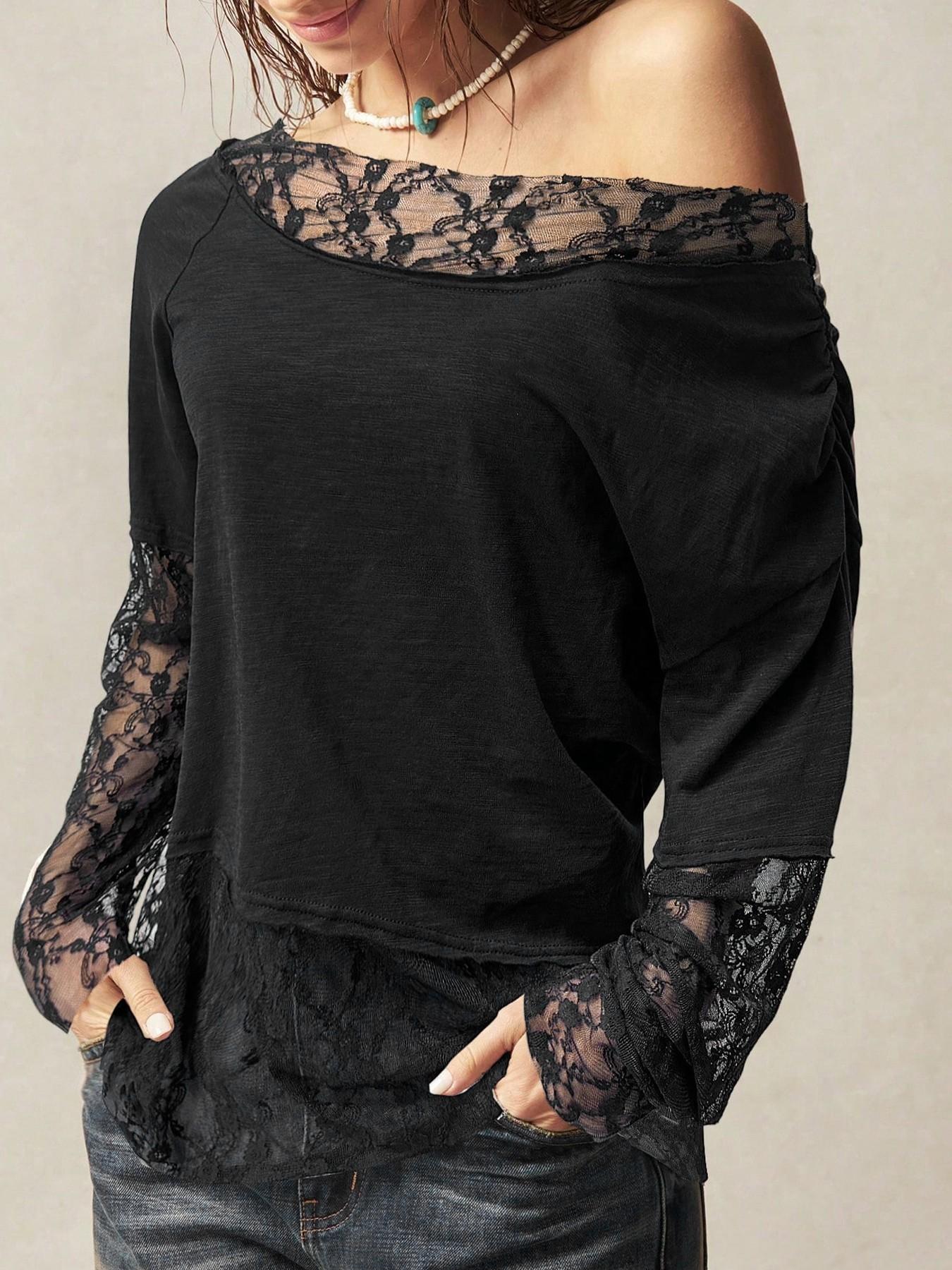 Chic  Off-Shoulder Sheer Lace Blouse - Long Sleeve Oversized Mesh Top Shirts for Daily Casual Party Outfitsy
