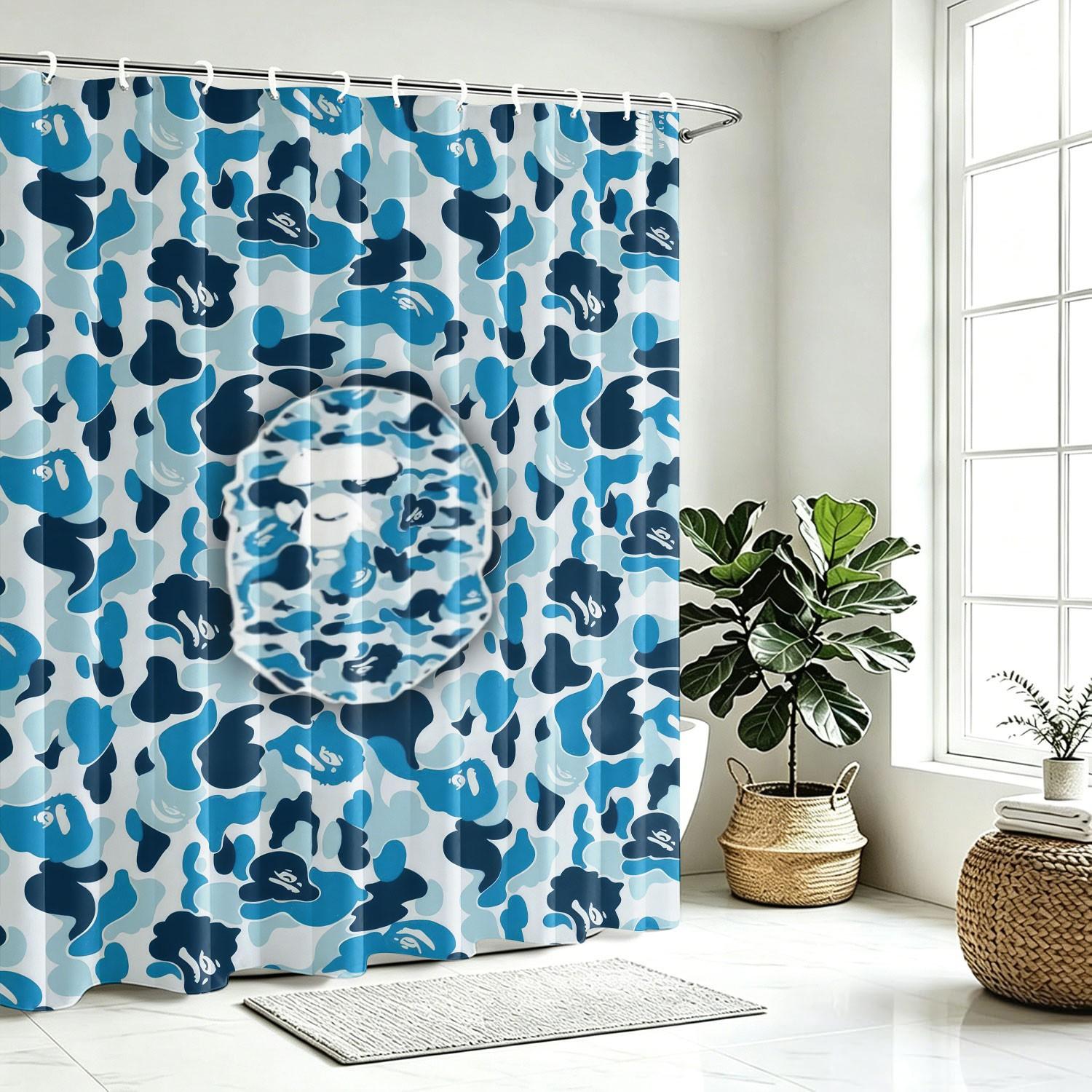 Waterproof Fabric Decorative Shower Curtain With Hooks, Featuring A Camouflage Ape Head Print. Made Of Waterproof And Mildew-Resistant Polyester/Peva, Suitable For Bathroom Decoration For Teenagers And Children. Machine Washable Bathroom Shower Curtains.