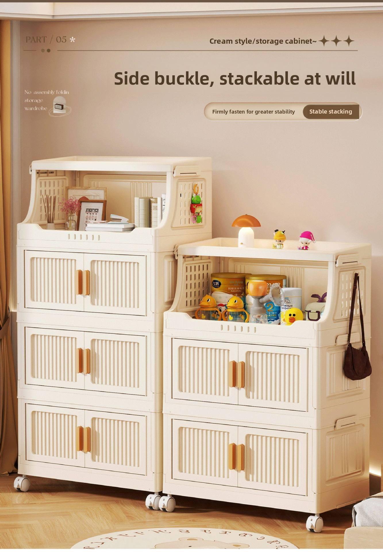 Large-capacity covered multi-tier stackable storage cabinet, wheeled foldable plastic storage cabinet, closet organizer and storage box, decorative cube closet organizer, for living room, bedroom, bathroom, office, dormitory, Space Saving Furniture