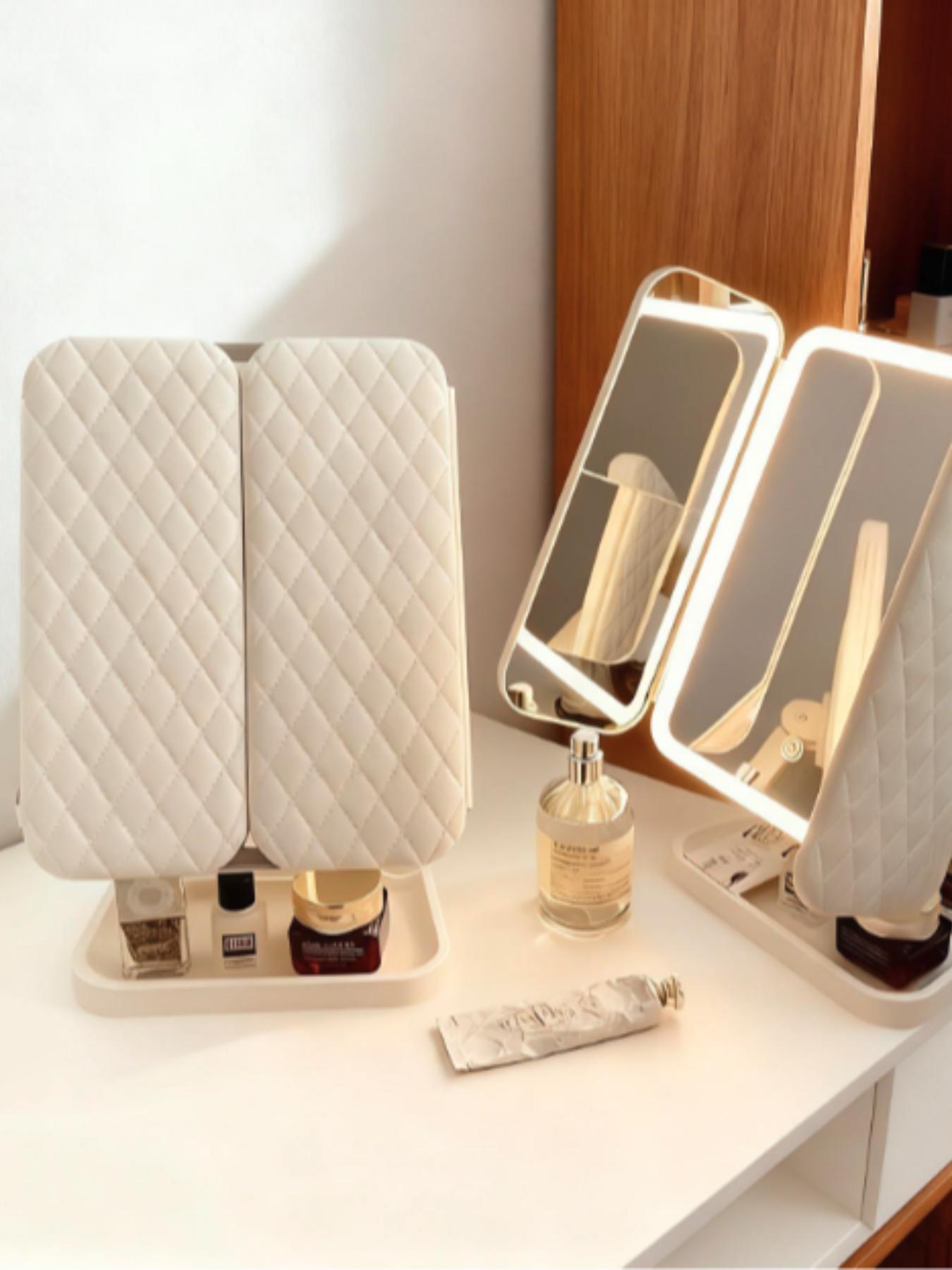 Diamond Pattern Three-Fold with Portable Storage Box, Standing Beauty Mirror for Bedroom Bathroom, Vanity Mirror, Travel Makeup Mirror