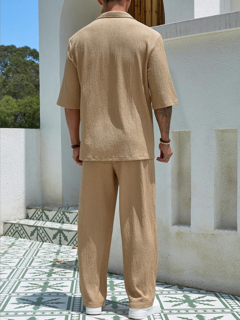 Men's Solid Jacquard Collared Blouse & Drawstring Pocket Pants Set, Casual Regular Fit Half Sleeve Top & Elastic Waist Trousers for Spring & Summer, Men's Clothes