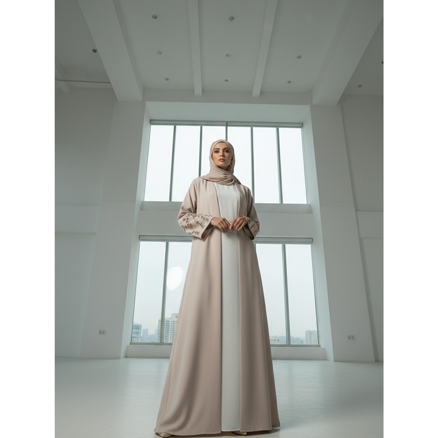 Elegant Beige Floral Embroidered Open Abaya Modest Kimono Gown | One Size Fits All S-2XL | Perfect for Ramadan, Eid, Resort Wear & Daily Chic