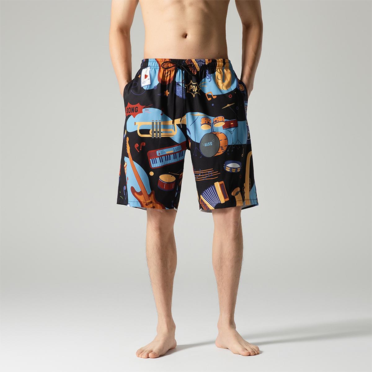 Men's Relaxed-Fit Knee-Length Casual Shorts - Menswear with Vivid All-Over Bright Multicolor Graphics, Reinforced Waist & Side Seams, Adjustable Dual Drawcord, Shape-Retentive Anti-Wrinkle Cool Thin Elastane Fabric