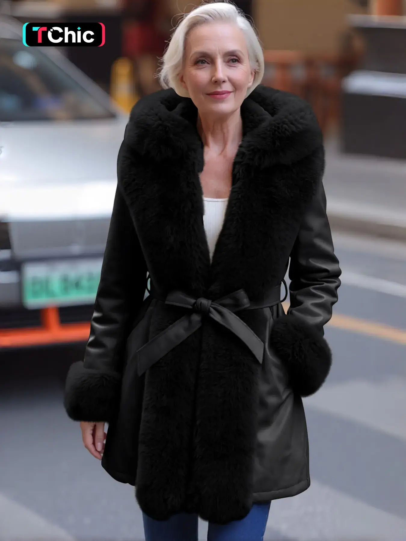 Women's Winter Faux Fur Coat with Belt, PU Patchwork Hooded Jacket, Elegant Casual Warm Waistcoat for Fall & Winter